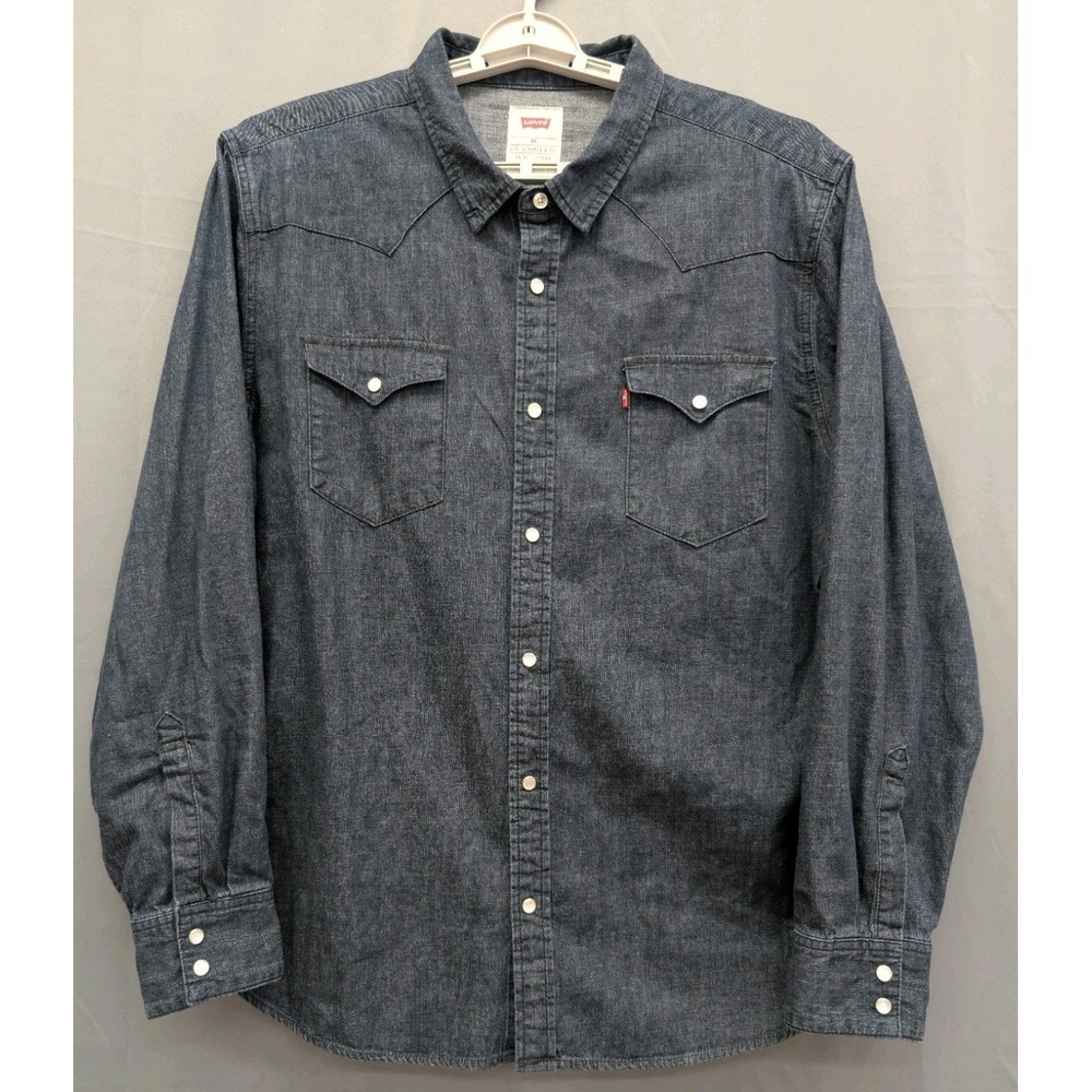 Levi's  Denim Blue‎ Jean Pearl Snap Collard Shirt  Mens 2XL Dark Wash Western